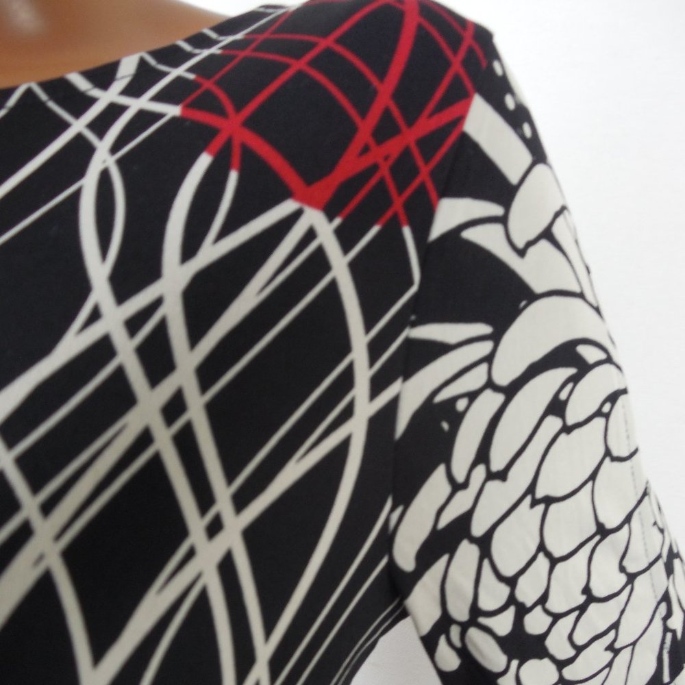 CHICO'S Top M Sz 1 Black/Red/Tan Blouse Stretch 3/4 Split Sleeves Casual Party - Picture 6 of 11